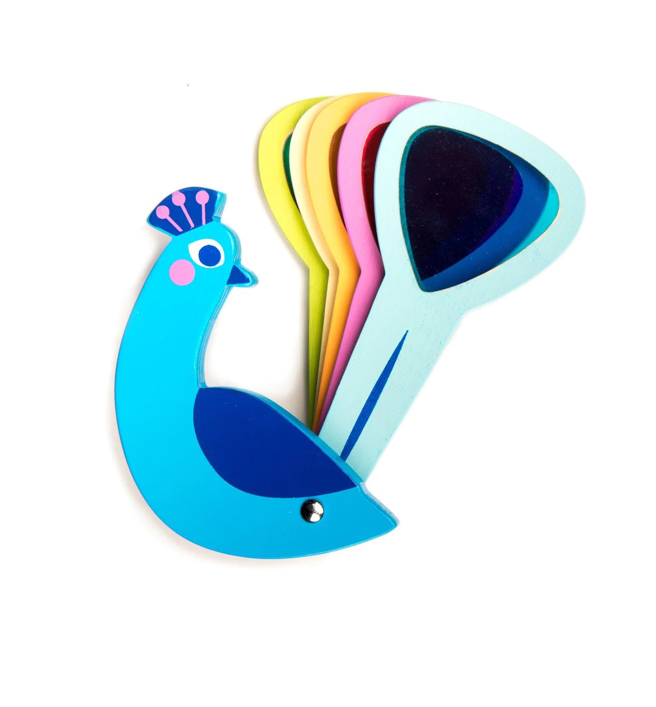 A beautiful painted wooden peacock with 5 tail feathers to see the world in different colours! 