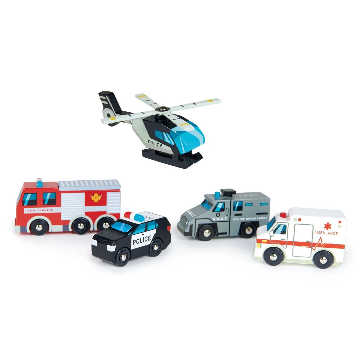 A fantastic set of 5 emergency vehicles with standard wheel width that fits on all train tracks. Set includes; helicopter with rotating blades, ambulance, fire engine, police car and S.W.A.T car. 