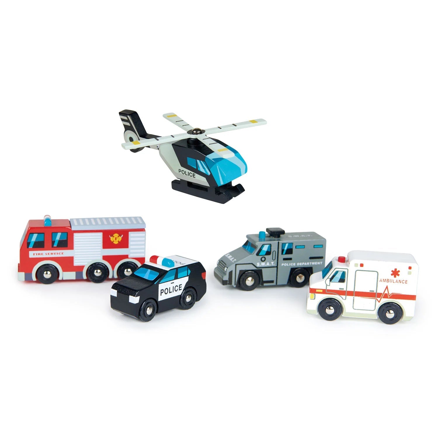 A fantastic set of 5 emergency vehicles with standard wheel width that fits on all train tracks. Set includes; helicopter with rotating blades, ambulance, fire engine, police car and S.W.A.T car. 
