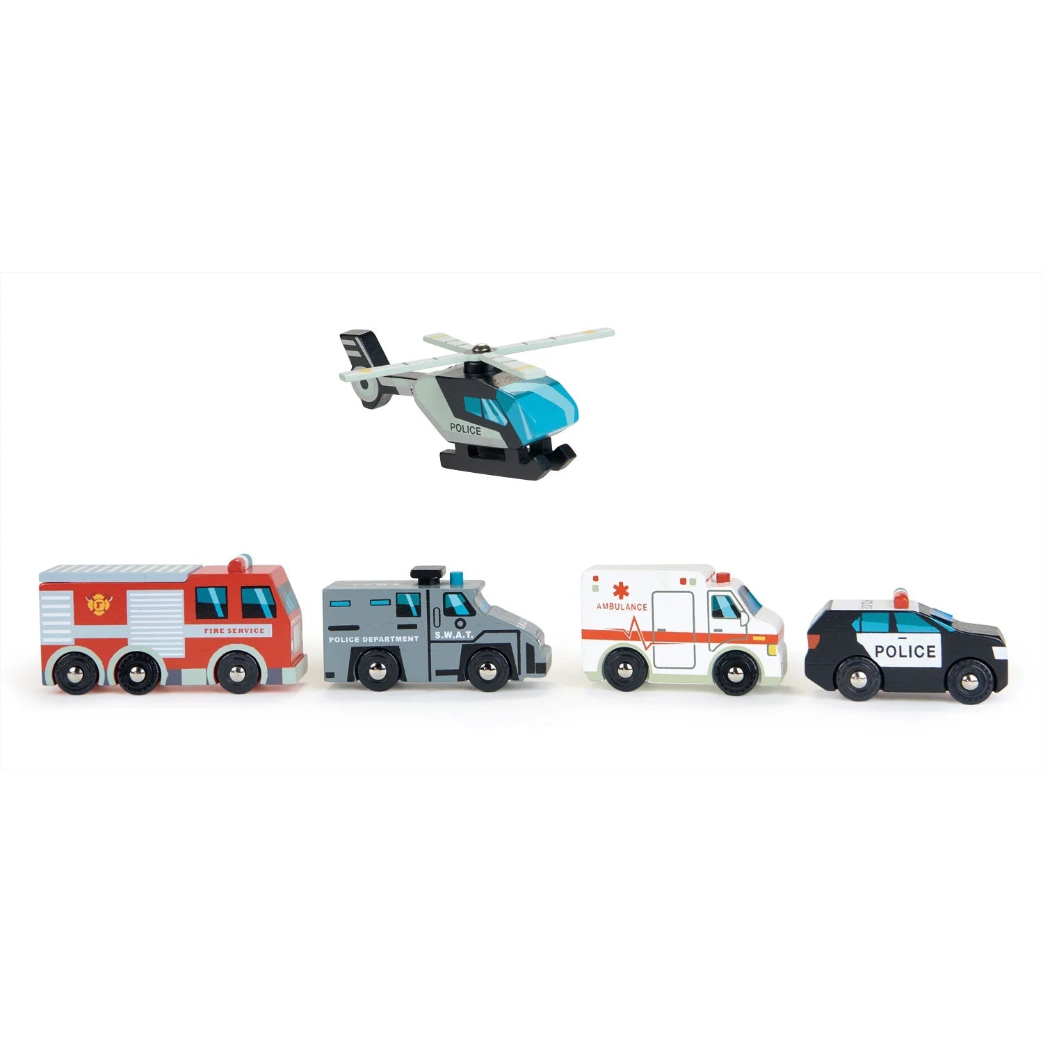 A fantastic set of 5 emergency vehicles with standard wheel width that fits on all train tracks. Set includes; helicopter with rotating blades, ambulance, fire engine, police car and S.W.A.T car. 