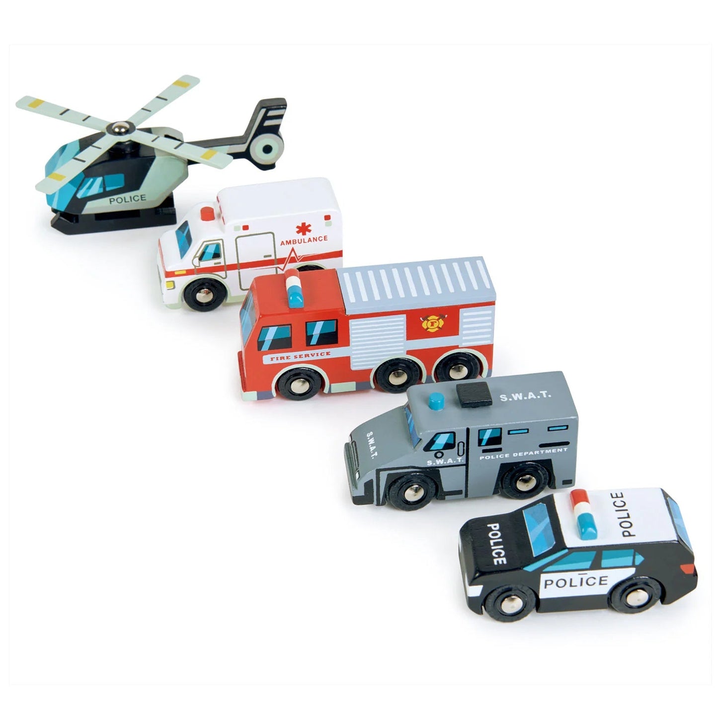 A fantastic set of 5 emergency vehicles with standard wheel width that fits on all train tracks. Set includes; helicopter with rotating blades, ambulance, fire engine, police car and S.W.A.T car. 