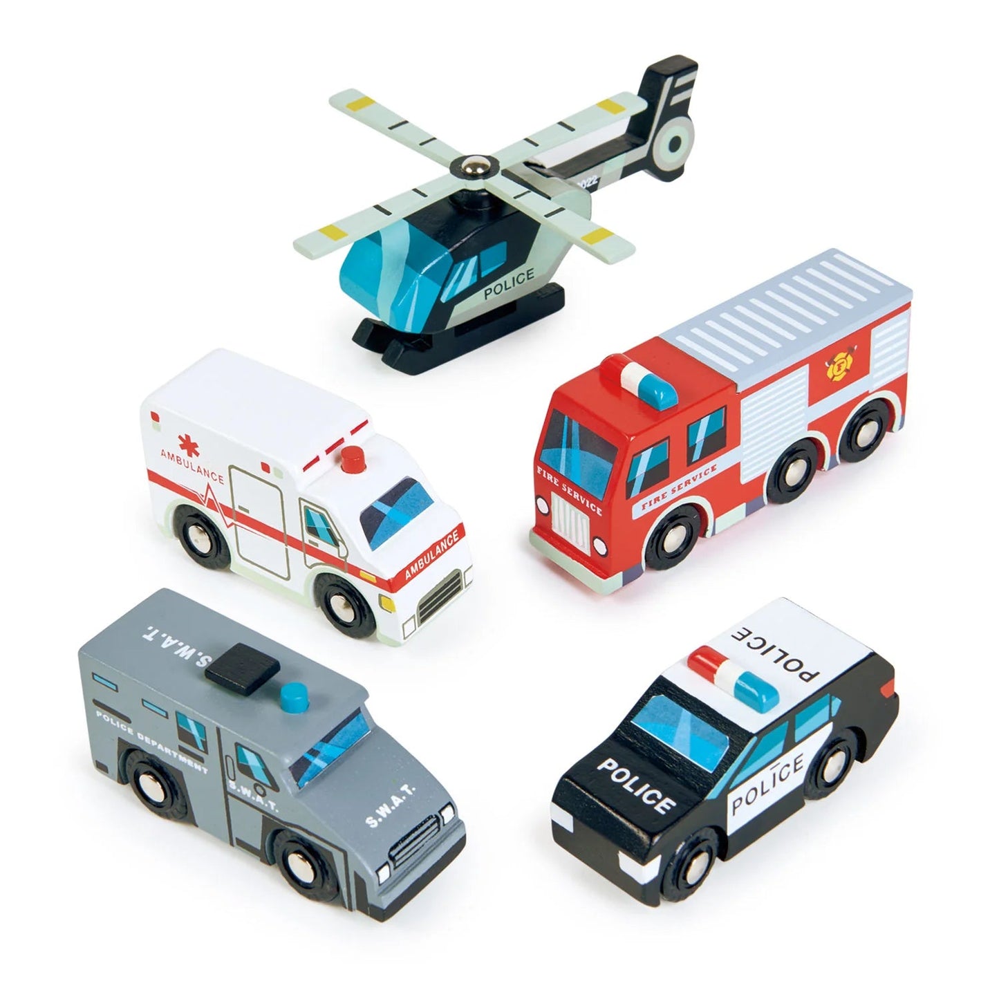 A fantastic set of 5 emergency vehicles with standard wheel width that fits on all train tracks. Set includes; helicopter with rotating blades, ambulance, fire engine, police car and S.W.A.T car. 