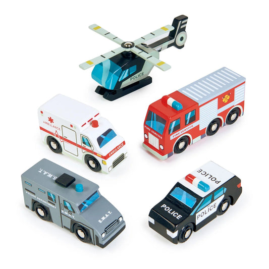 A fantastic set of 5 emergency vehicles with standard wheel width that fits on all train tracks. Set includes; helicopter with rotating blades, ambulance, fire engine, police car and S.W.A.T car. 