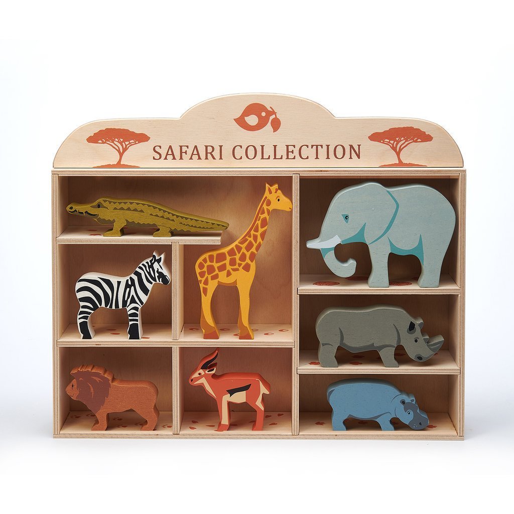 8 Wooden Safari Animals in Display Shelf - 0