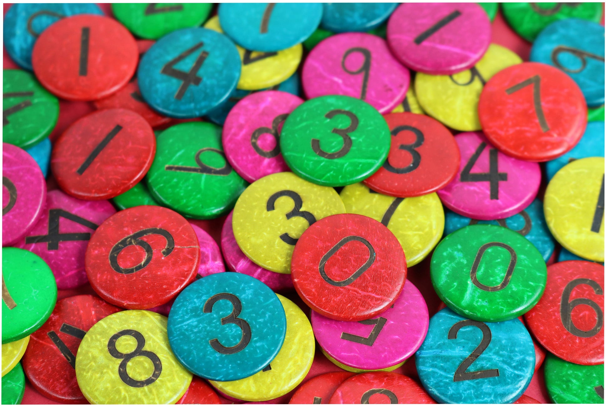 Coconut Shell Circles - Numbers 0-9 - Coloured (x50) | Learning and Exploring Through Play